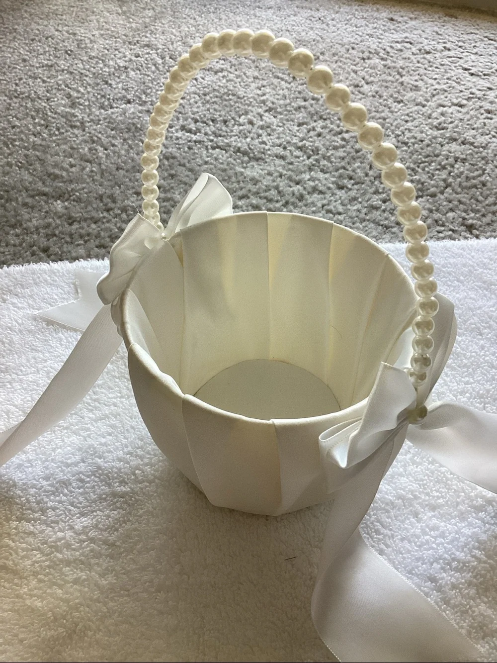 Ivory Satin Flower Girl Basket with Pearl Handle